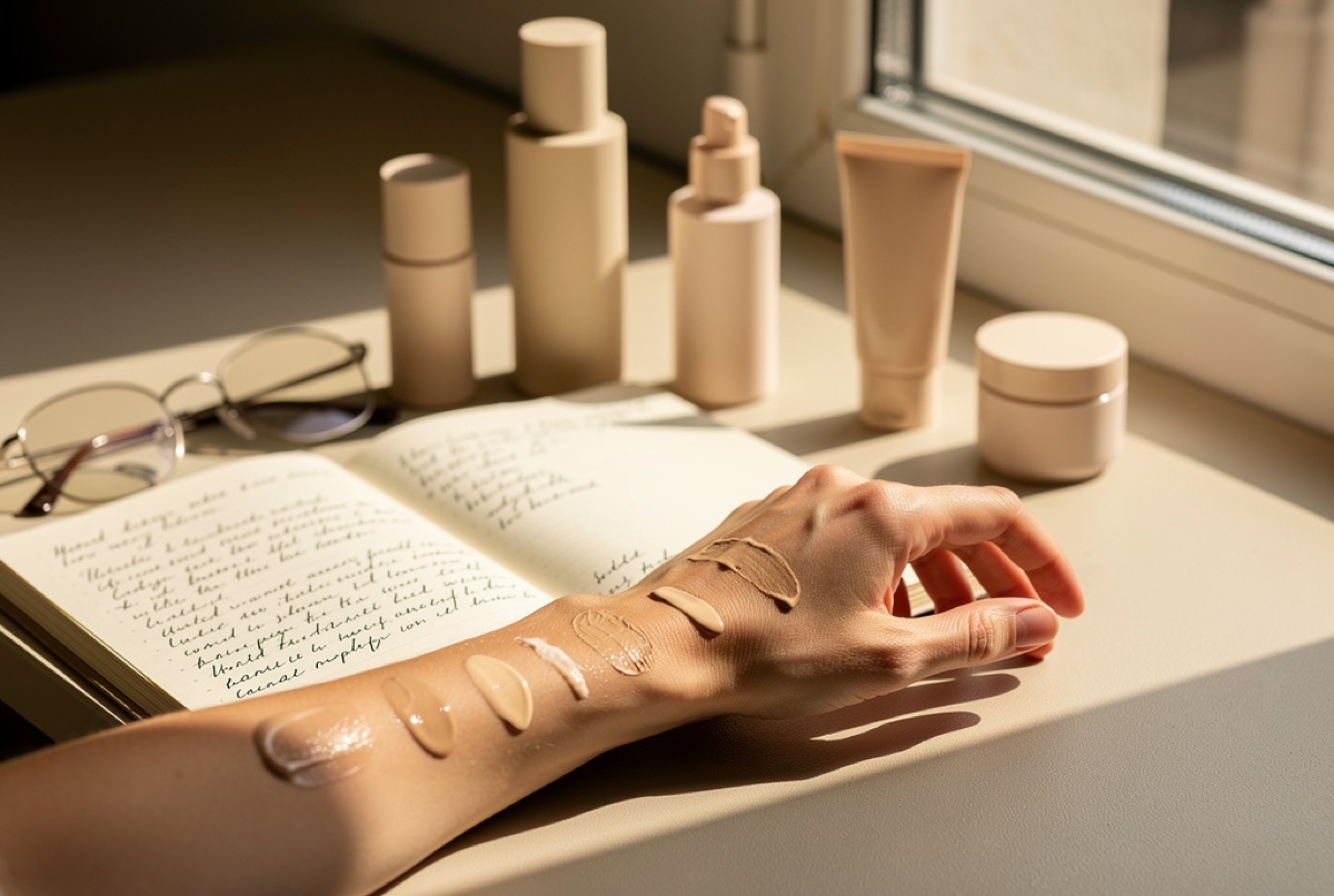 Editorial testing desk with notebook and skincare products