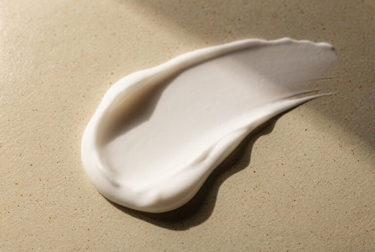 Rich face cream swatch on beige ceramic