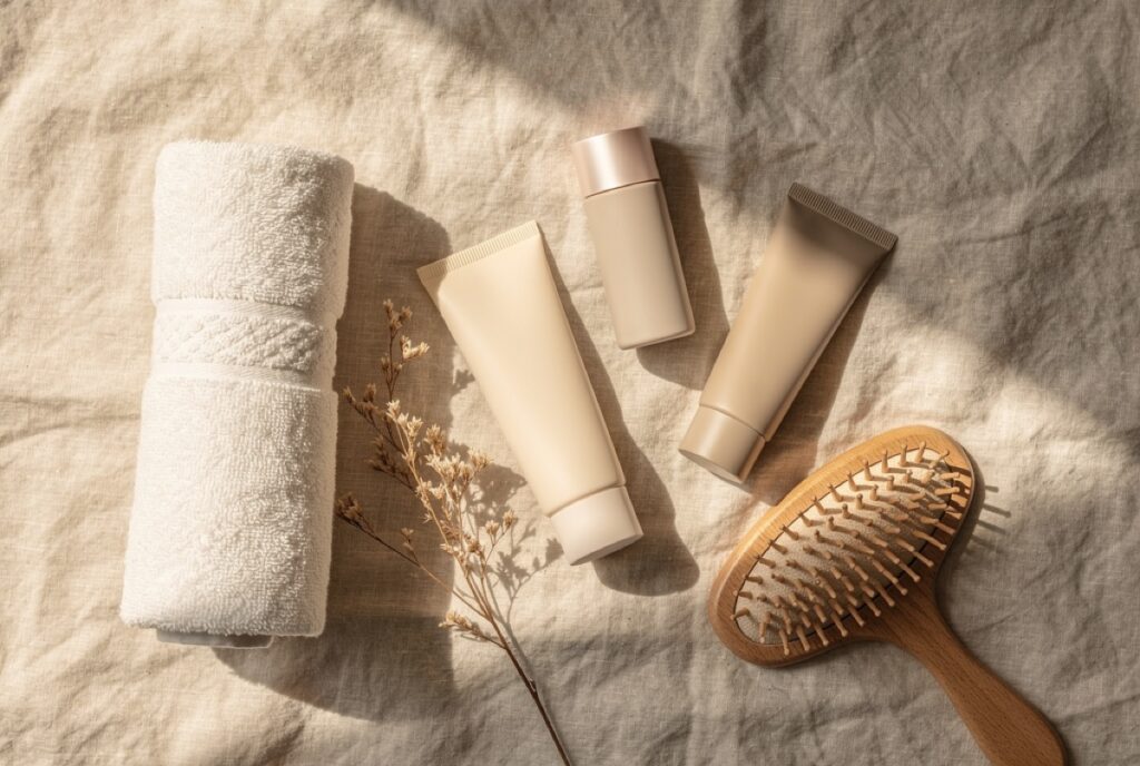Flat lay of skincare products on washed linen