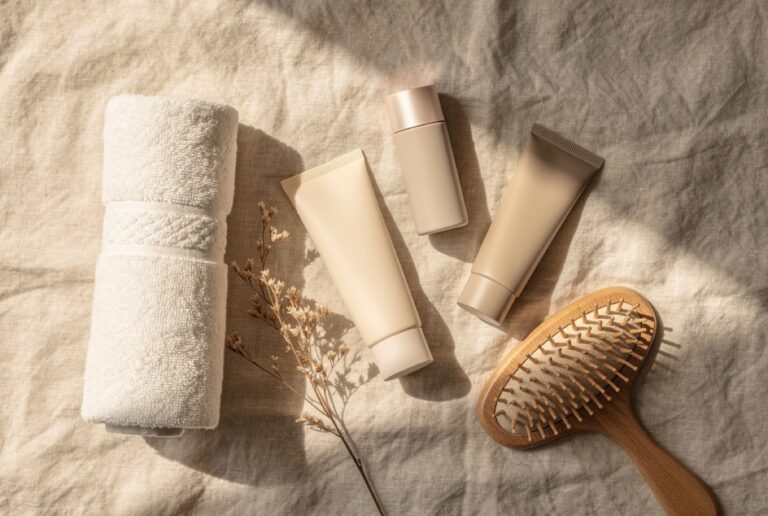 Flat lay of skincare products on washed linen