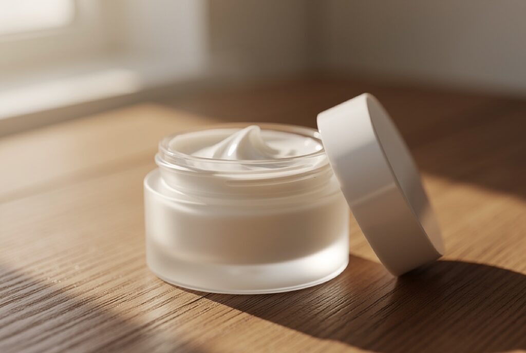 Open jar of face cream on oak wood