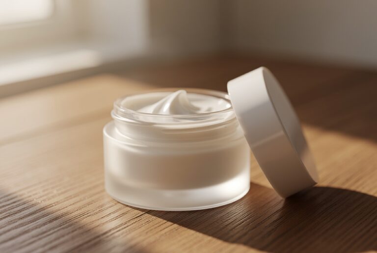 Open jar of face cream on oak wood