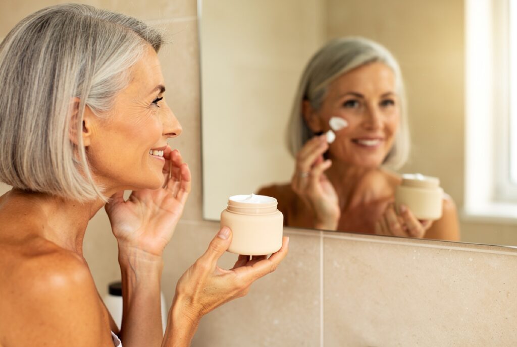 Woman in her sixties applying face cream at a bathroom mirror