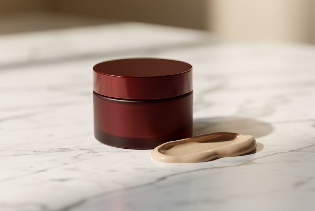 Red cosmetic jar on marble with cream smear