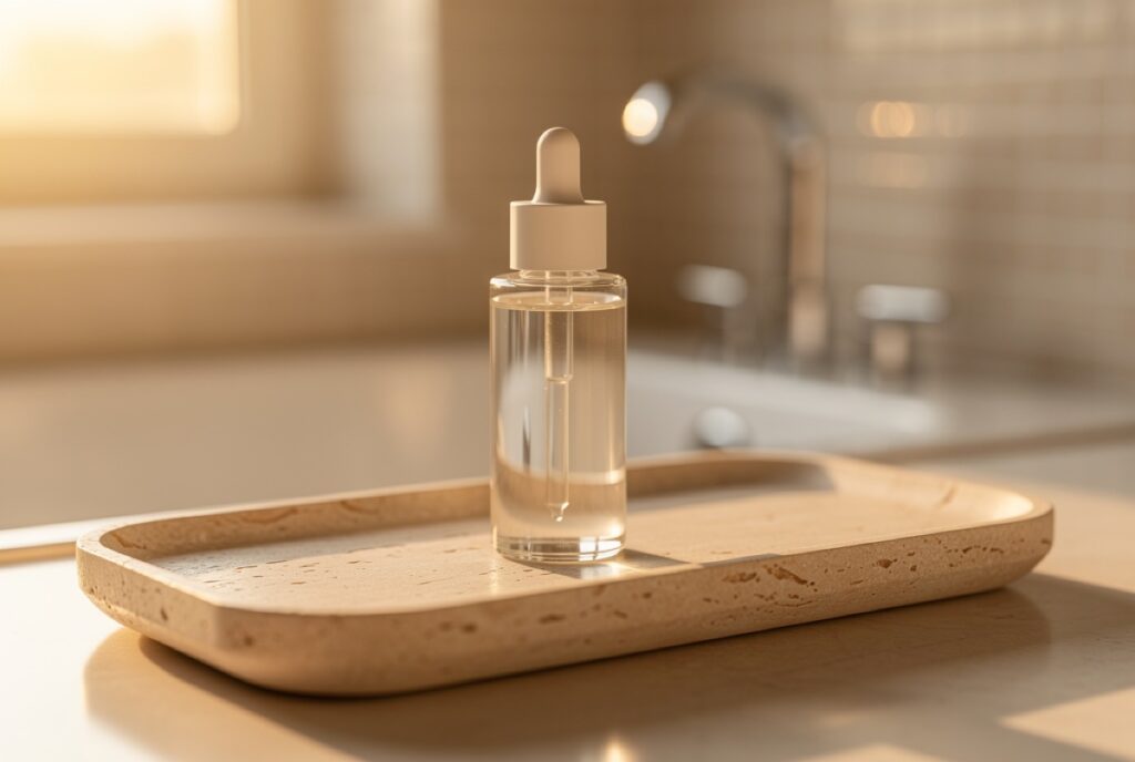 Glass serum bottle on a stone tray
